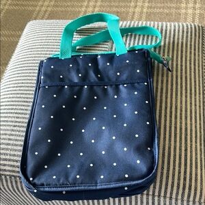 Polka Dot Navy PB Teen lunch Bag with Teal Handles